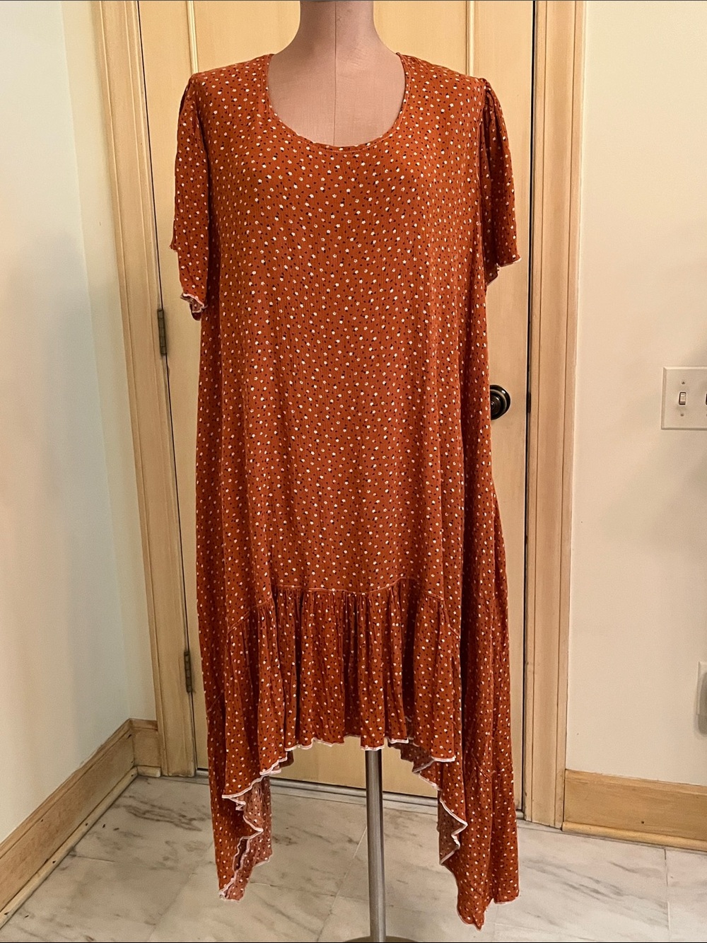 FARMHOUSE FROCKS Cottage Amish Rust Ditzy Floral Tier Hi Lo Hem Swing Midi XXL